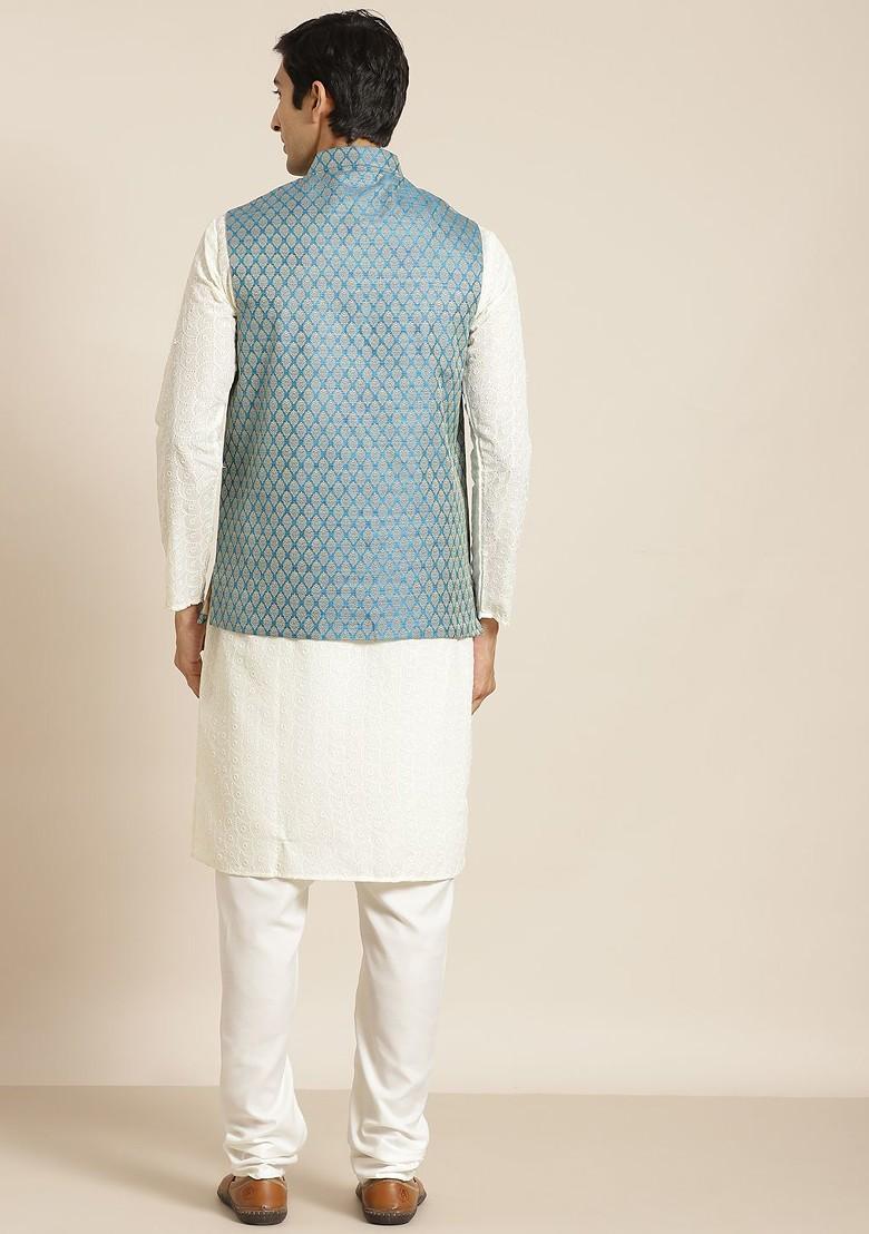 Cream Chikankari Cotton Kurta Set For Men