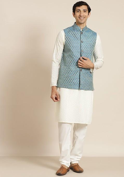 Cream Chikankari Cotton Kurta Set For Men