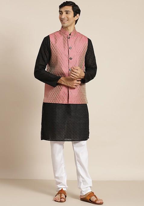 Black Chikankari Cotton Kurta Set For Men