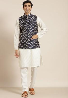 Cream Chikankari Cotton Kurta Set For Men