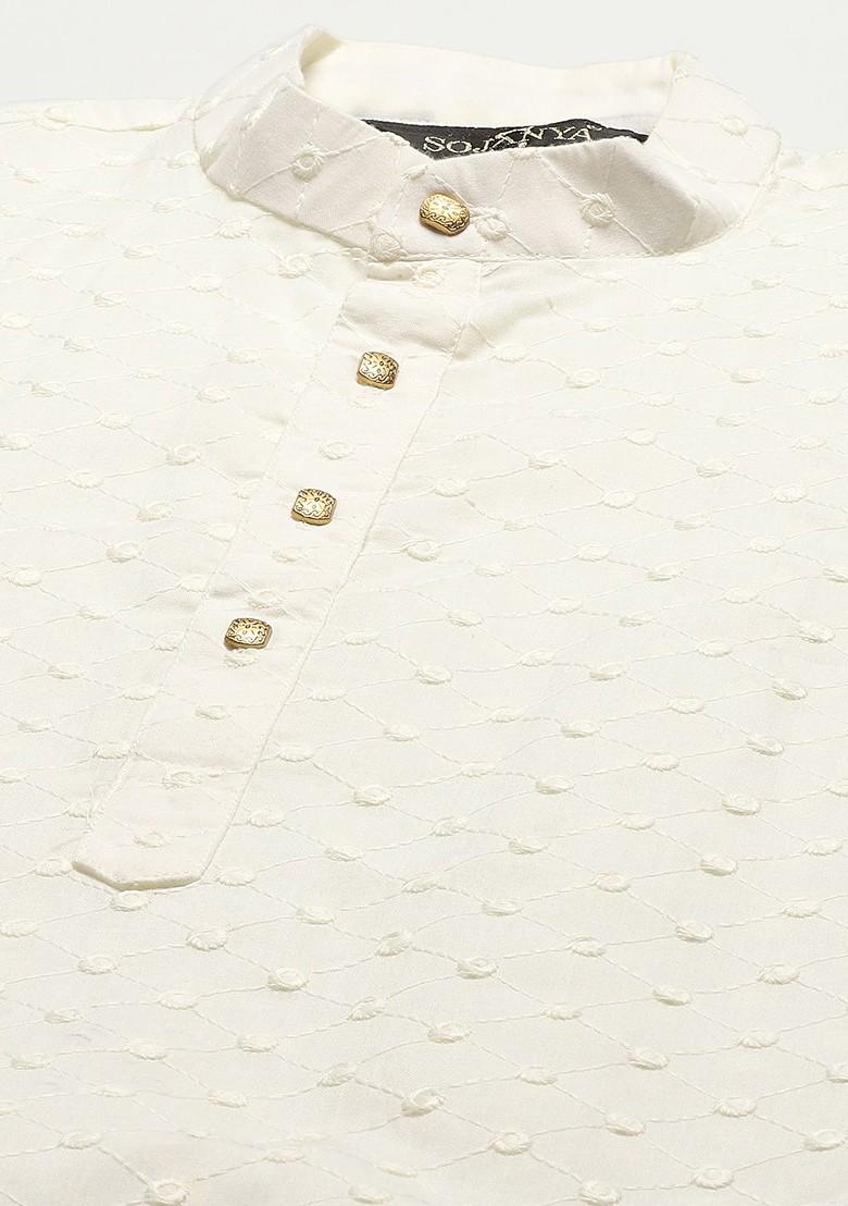 Cream Chikankari Cotton Kurta Set For Men