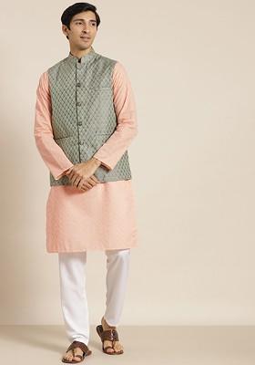 Peach Chikankari Cotton Kurta Set For Men
