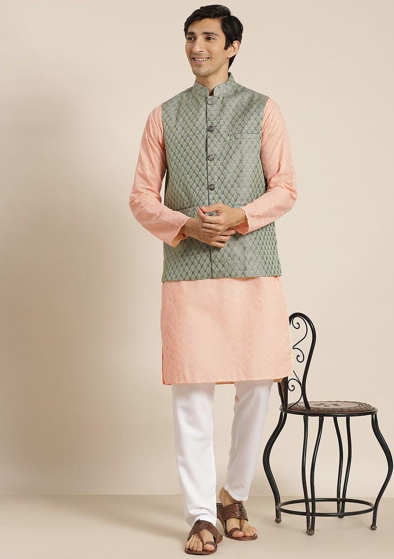Peach Chikankari Cotton Kurta Set For Men