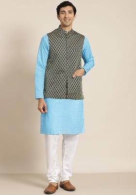 Blue Chikankari Cotton Kurta Set For Men