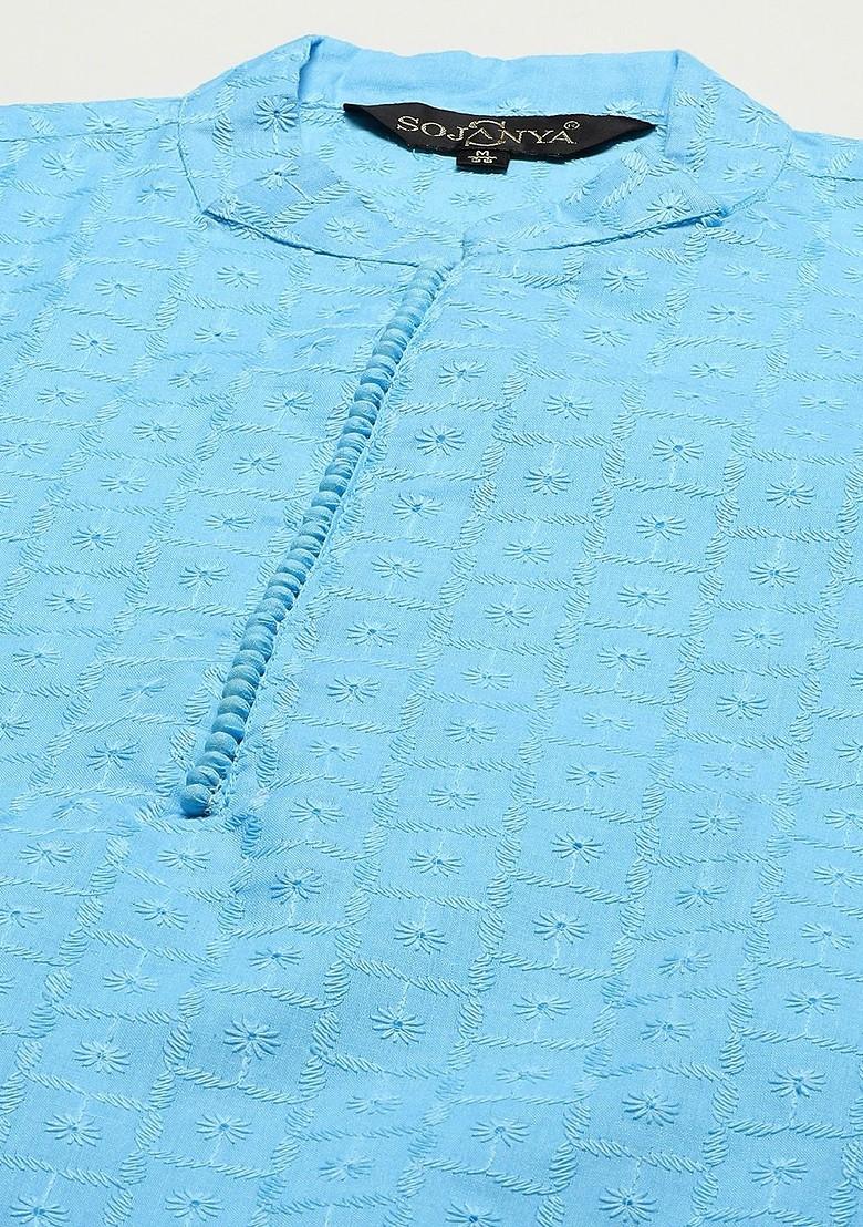 Blue Chikankari Cotton Kurta Set For Men