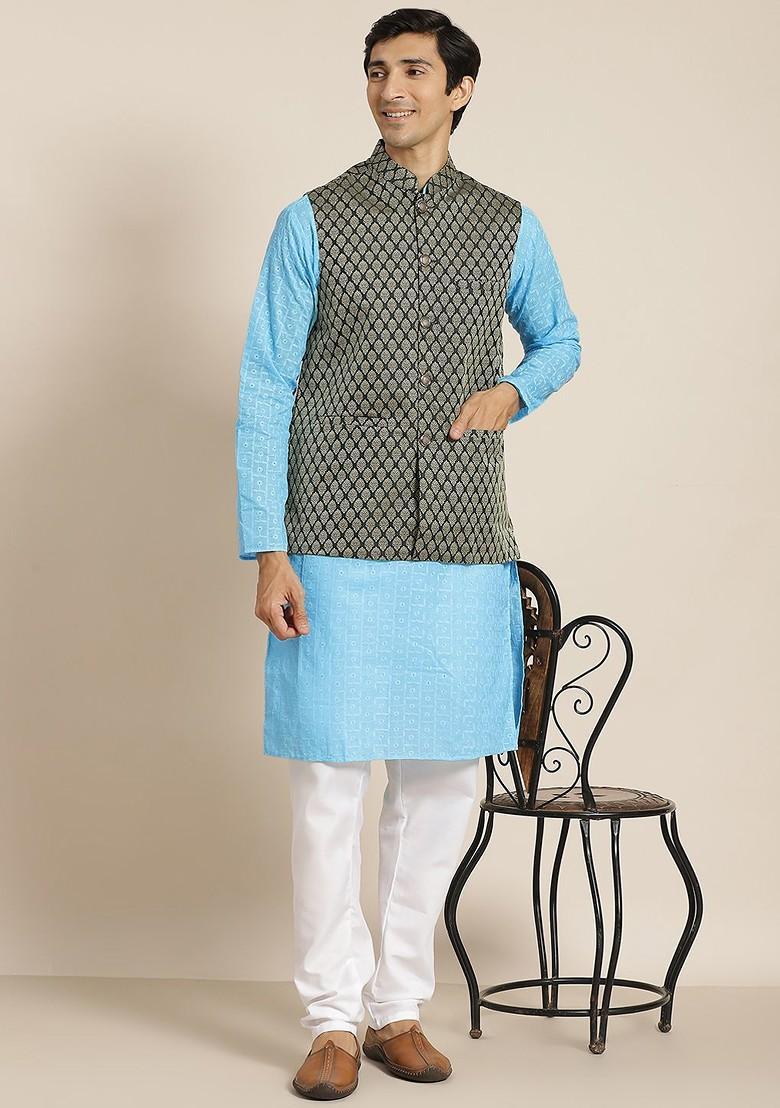 Blue Chikankari Cotton Kurta Set For Men