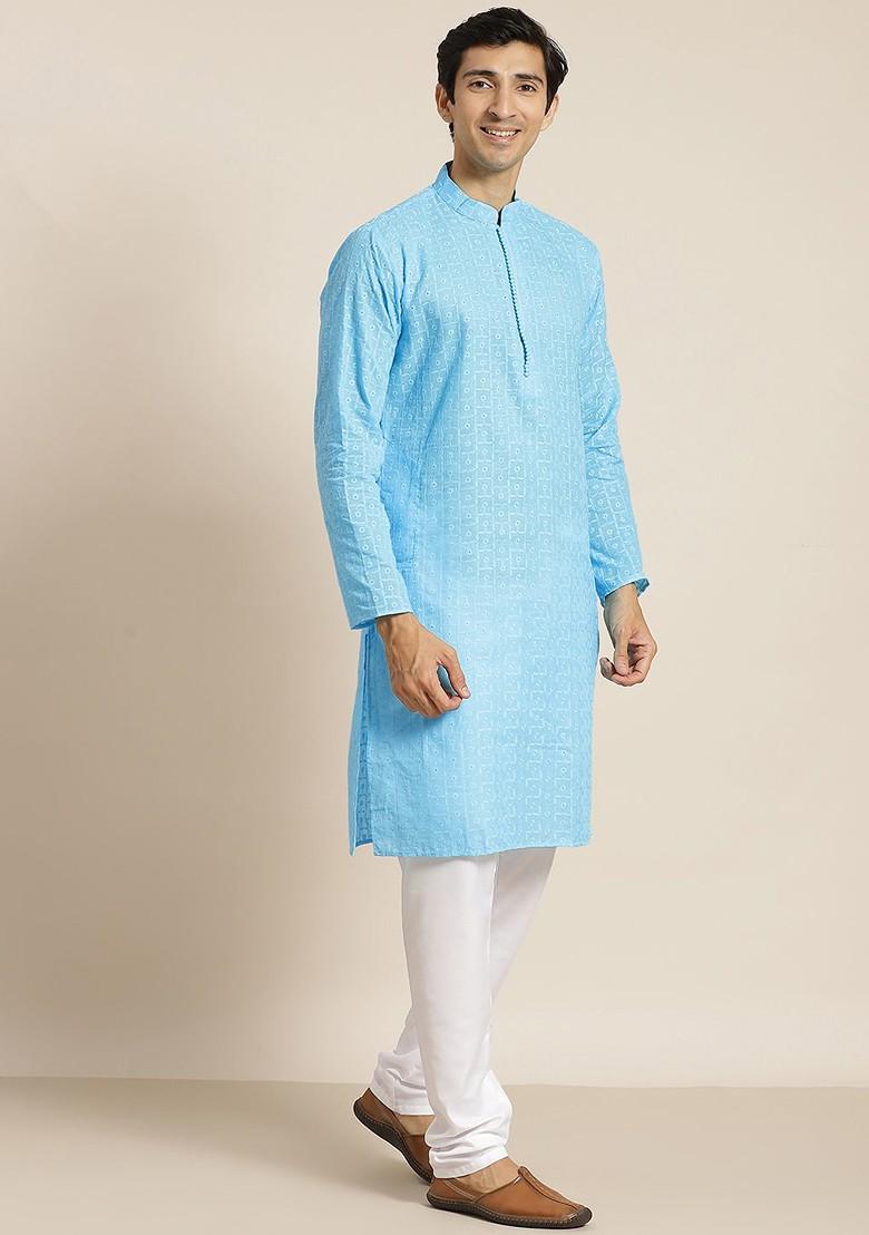 Blue Chikankari Cotton Kurta Set For Men