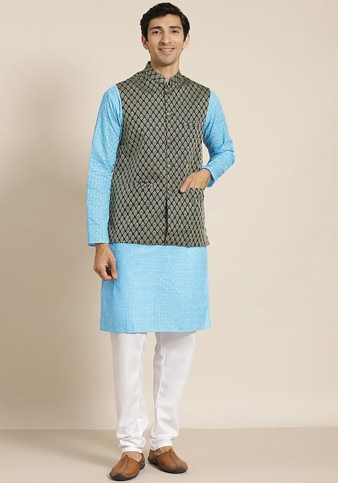 Blue Chikankari Cotton Kurta Set For Men