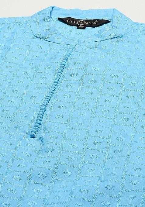 Blue Chikankari Cotton Kurta Set For Men