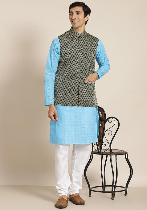 Blue Chikankari Cotton Kurta Set For Men