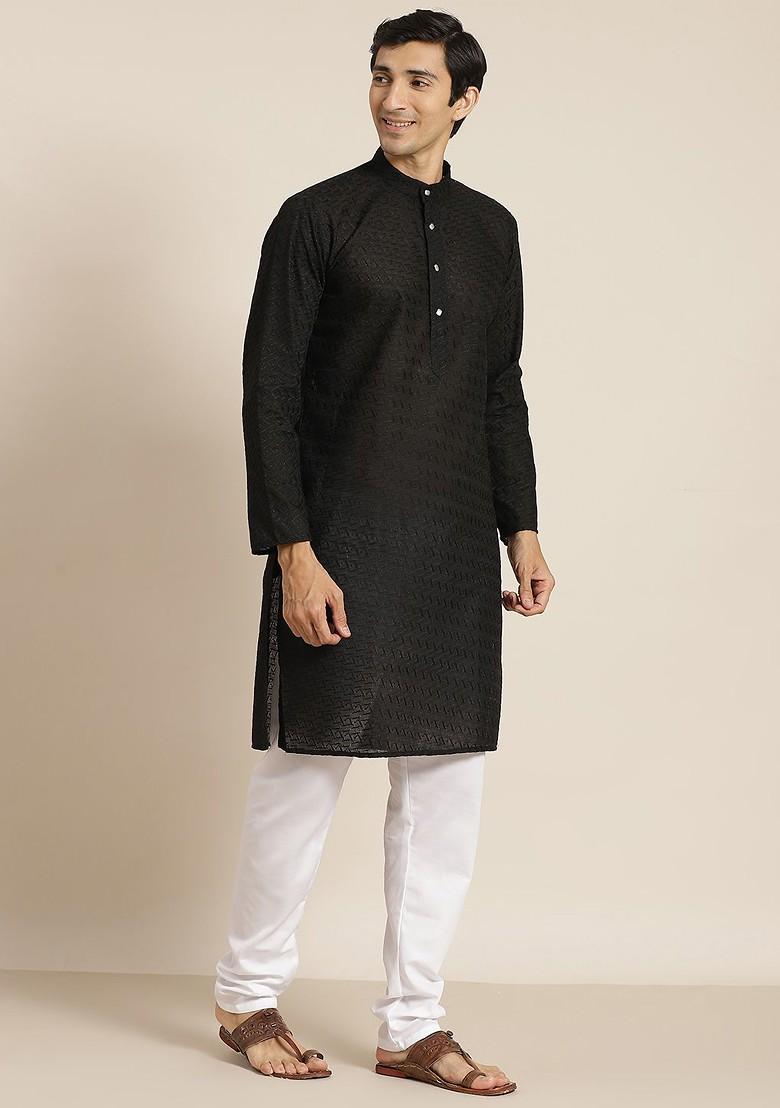 Black Chikankari Cotton Kurta Set For Men