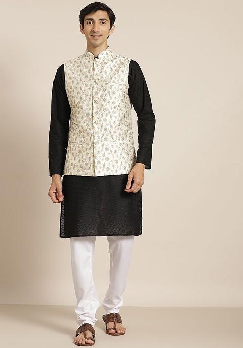 Black Chikankari Cotton Kurta Set For Men