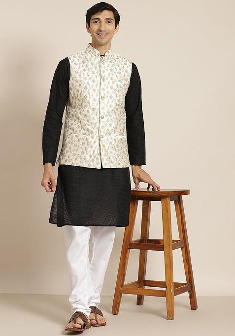 Black Chikankari Cotton Kurta Set For Men