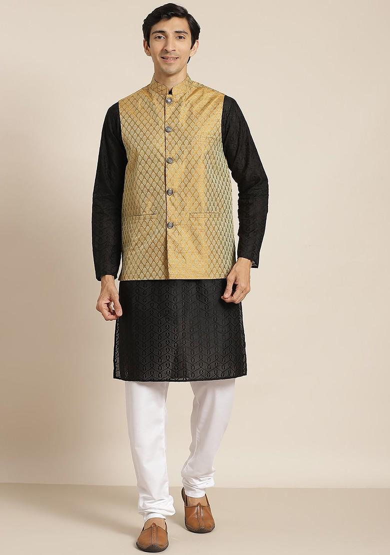 Black Chikankari Cotton Kurta Set For Men