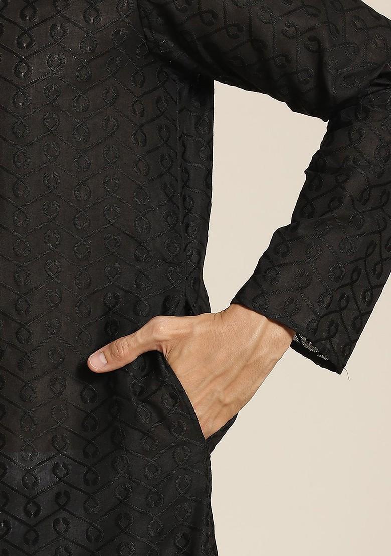 Black Chikankari Cotton Kurta Set For Men
