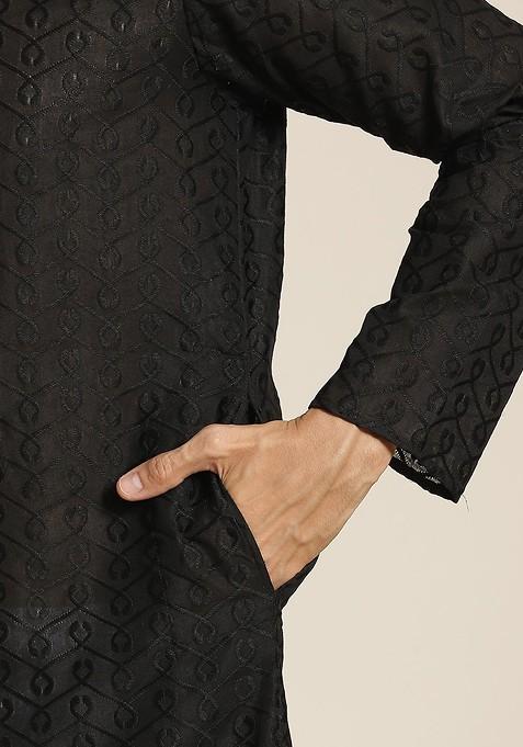Black Chikankari Cotton Kurta Set For Men
