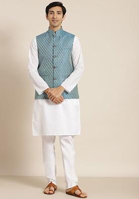 White Chikankari Cotton Kurta Set For Men
