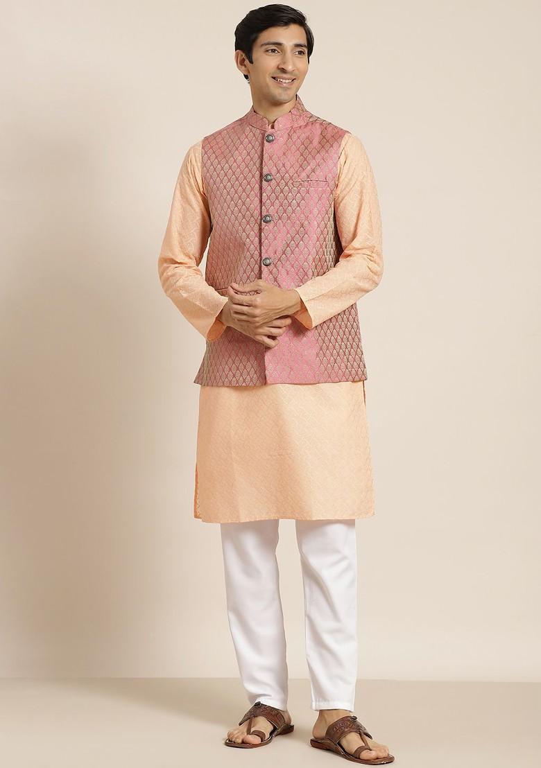 Peach Chikankari Cotton Kurta Set For Men