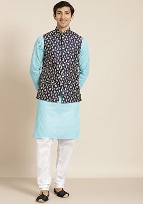 Blue Chikankari Cotton Kurta Set For Men