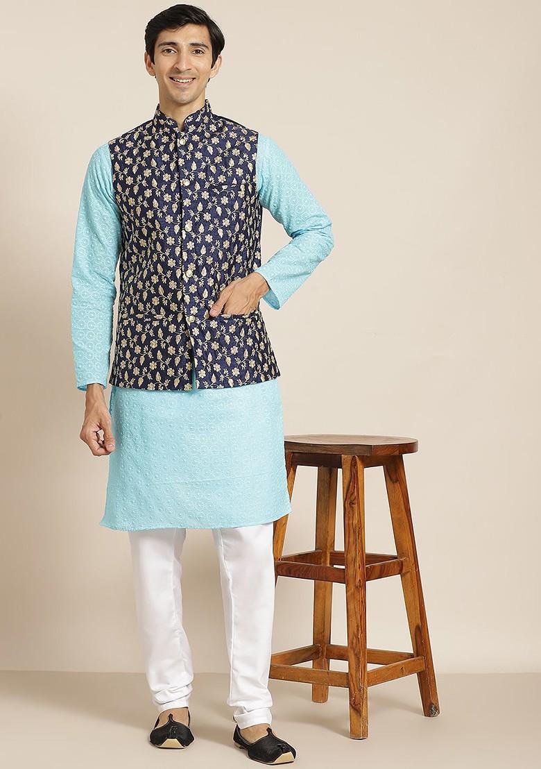 Blue Chikankari Cotton Kurta Set For Men