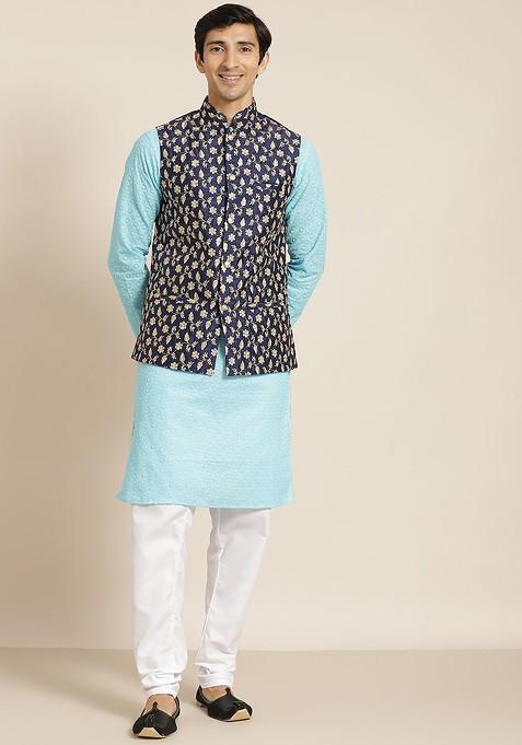 Blue Chikankari Cotton Kurta Set For Men