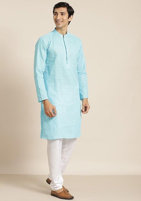 Blue Chikankari Cotton Kurta Set For Men