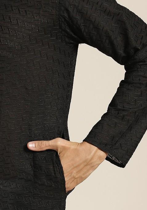 Black Chikankari Cotton Kurta Set For Men