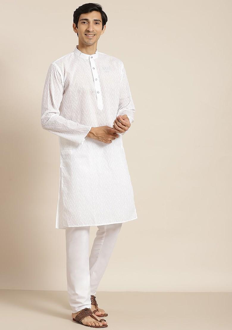 White Chikankari Cotton Kurta Set For Men