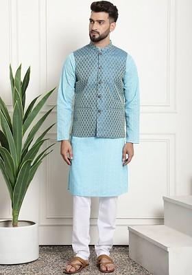 Blue Chikankari Cotton Kurta Set For Men