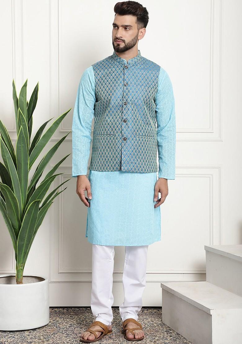 Blue Chikankari Cotton Kurta Set For Men