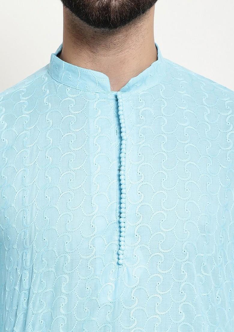 Blue Chikankari Cotton Kurta Set For Men