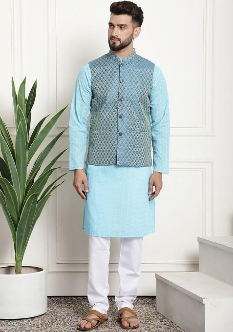 Blue Chikankari Cotton Kurta Set For Men