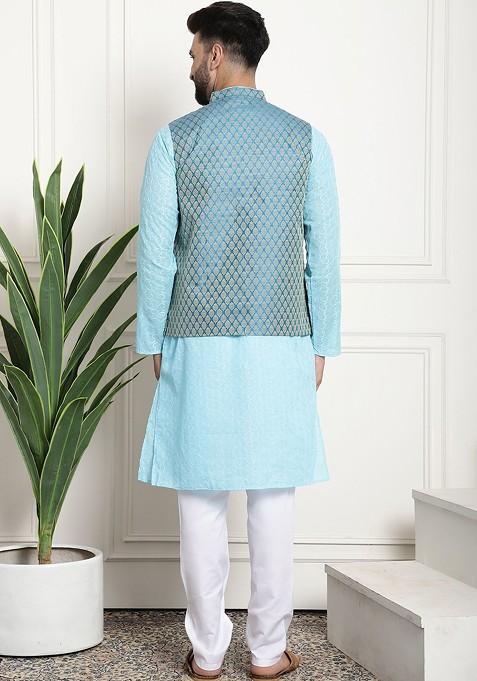 Blue Chikankari Cotton Kurta Set For Men