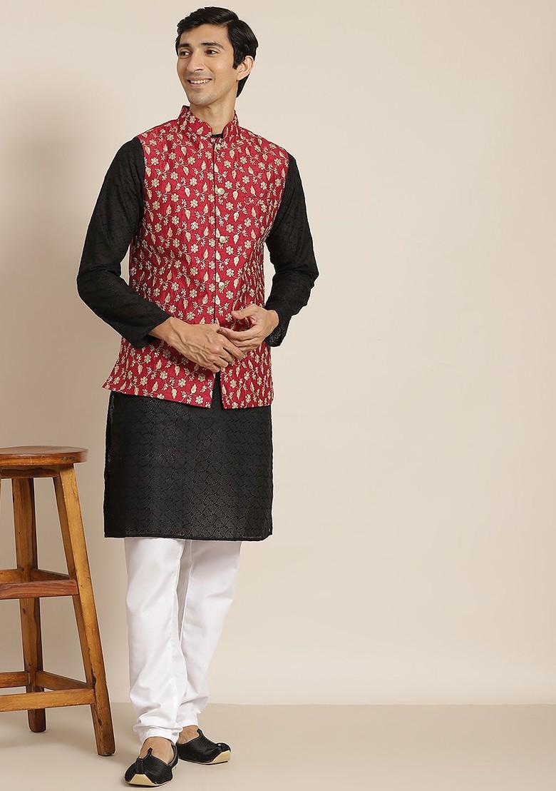 Black Chikankari Cotton Kurta Set For Men