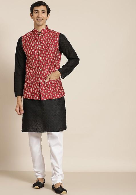 Black Chikankari Cotton Kurta Set For Men