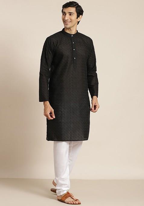 Black Chikankari Cotton Kurta Set For Men