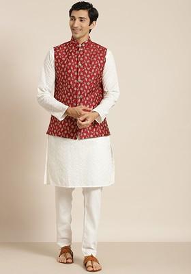 Cream Chikankari Cotton Kurta Set For Men