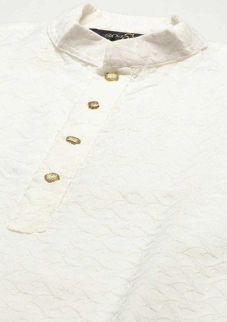 Cream Chikankari Cotton Kurta Set For Men