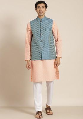 Peach Chikankari Cotton Kurta Set For Men