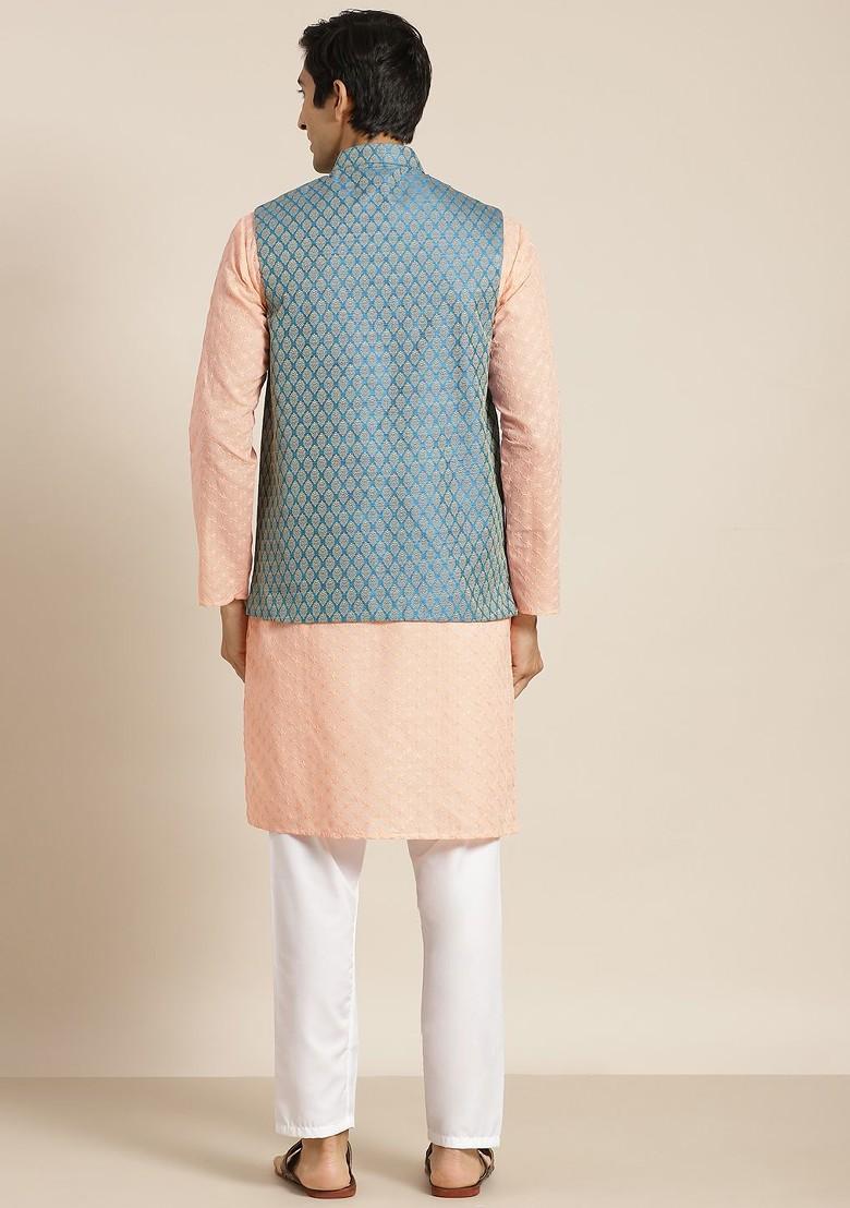 Peach Chikankari Cotton Kurta Set For Men