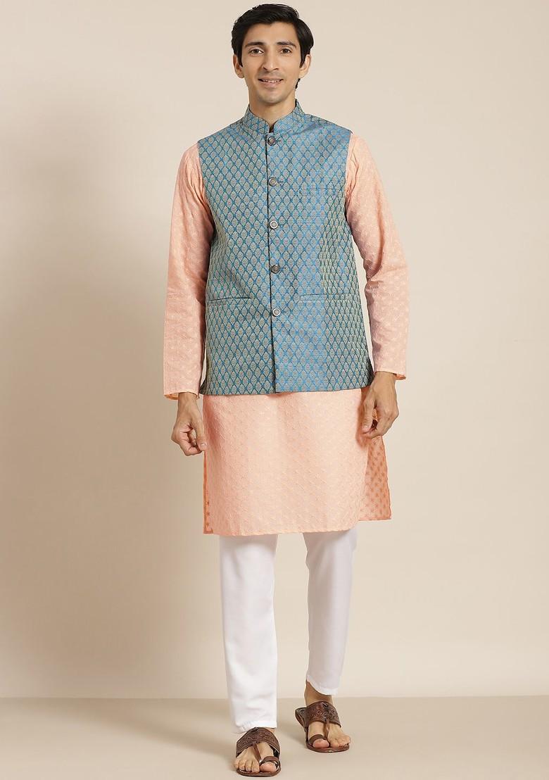 Peach Chikankari Cotton Kurta Set For Men