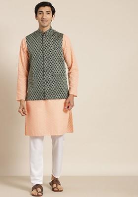 Peach Chikankari Cotton Kurta Set For Men