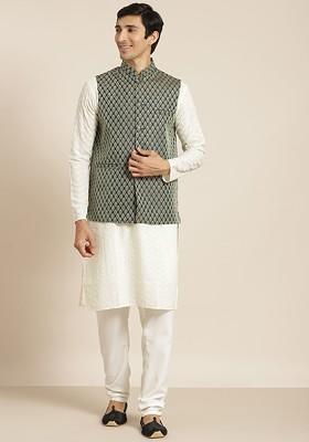 Cream Chikankari Cotton Kurta Set For Men