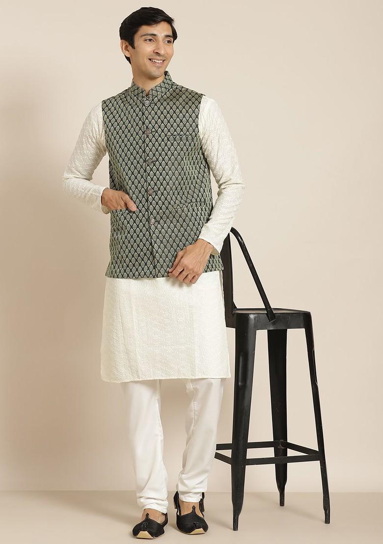 Cream Chikankari Cotton Kurta Set For Men