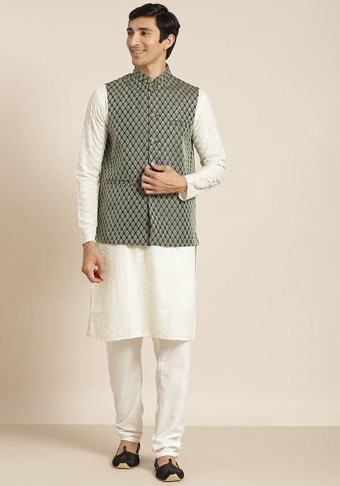 Cream Chikankari Cotton Kurta Set For Men
