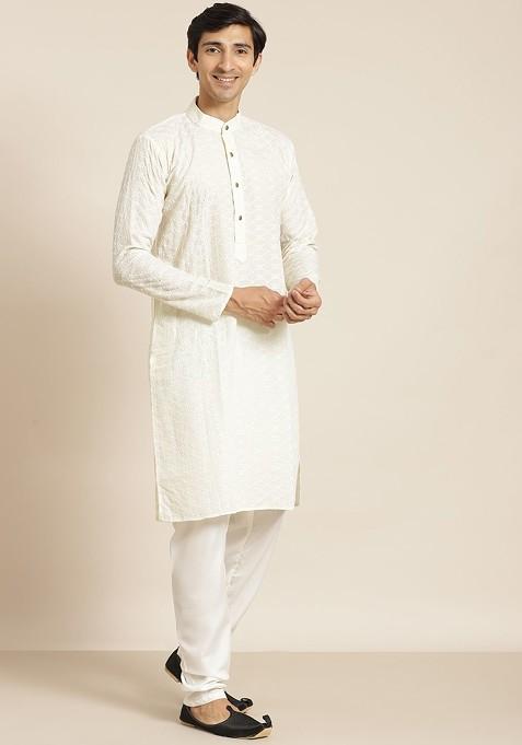 Cream Chikankari Cotton Kurta Set For Men