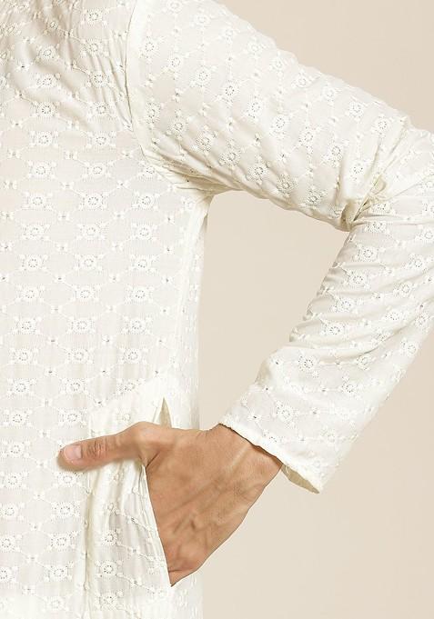 Cream Chikankari Cotton Kurta Set For Men
