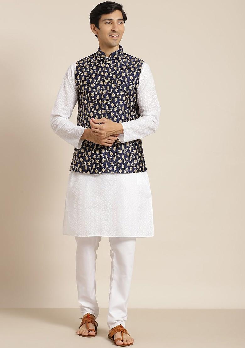 White Chikankari Cotton Kurta Set For Men