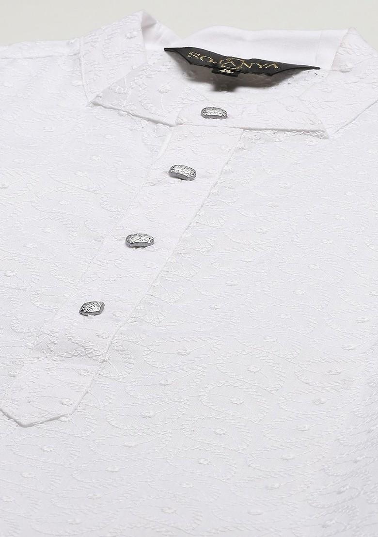 White Chikankari Cotton Kurta Set For Men