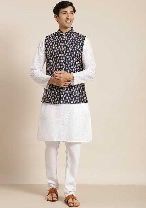 White Chikankari Cotton Kurta Set For Men